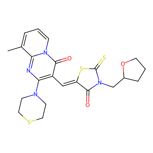 9-methyl-3-{(Z)-[4-oxo-3-(tetrahydrofuran-2-ylmethyl)-2-thioxo-1,3-thiazolidin-5-ylidene]methyl}-2-(thiomorpholin-4-yl)-4H-pyrido[1,2-a]pyrimidin-4-one structure