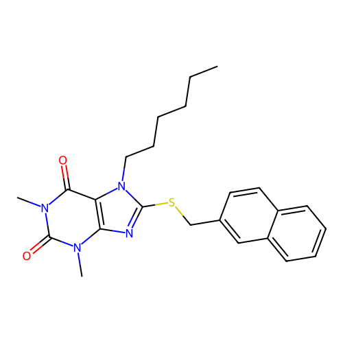 7-hexyl-1,3-dimethyl-8-(naphthalen-2-ylmethylsulfanyl)purine-2,6-dione structure