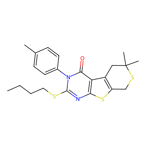 2-(butylsulfanyl)-6,6-dimethyl-3-(4-methylphenyl)-3,5,6,8-tetrahydro-4H-thiopyrano[4',3':4,5]thieno[2,3-d]pyrimidin-4-one structure