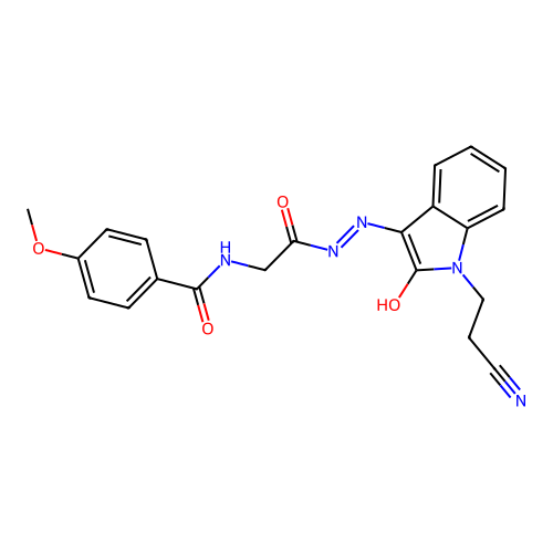 N-[2-[2-[1-(2-cyanoethyl)-2-oxoindol-3-ylidene]hydrazinyl]-2-oxoethyl]-4-methoxybenzamide structure