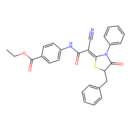 (Z)-ethyl 4-(2-(5-benzyl-4-oxo-3-phenylthiazolidin-2-ylidene)-2-cyanoacetamido)benzoate structure