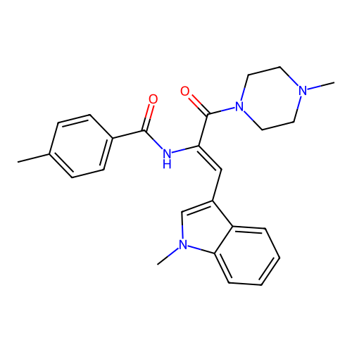 (Z)-4-methyl-N-(1-(1-methyl-1H-indol-3-yl)-3-(4-methylpiperazin-1-yl)-3-oxoprop-1-en-2-yl)benzamide structure