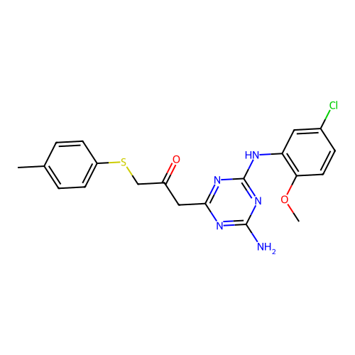 1-(4-amino-6-((5-chloro-2-methoxyphenyl)amino)-1,3,5-triazin-2-yl)-3-(p-tolylthio)propan-2-one structure