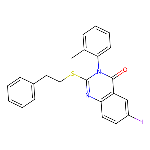 6-iodo-3-(2-methylphenyl)-2-[(2-phenylethyl)sulfanyl]quinazolin-4(3H)-one structure