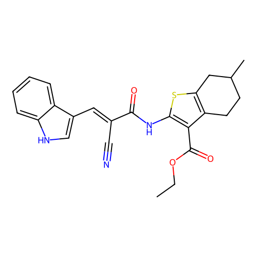 (E)-ethyl 2-(2-cyano-3-(1H-indol-3-yl)acrylamido)-6-methyl-4,5,6,7-tetrahydrobenzo[b]thiophene-3-carboxylate structure