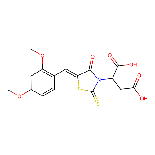 (Z)-2-(5-(2,4-dimethoxybenzylidene)-4-oxo-2-thioxothiazolidin-3-yl)succinic acid structure