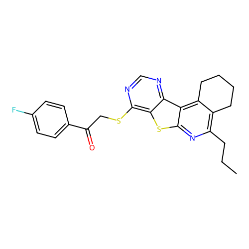 1-(4-fluorophenyl)-2-((5-propyl-1,2,3,4-tetrahydropyrimido[4',5':4,5]thieno[2,3-c]isoquinolin-8-yl)thio)ethanone structure