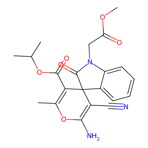 propan-2-yl 6'-amino-5'-cyano-1-(2-methoxy-2-oxoethyl)-2'-methyl-2-oxo-1,2-dihydrospiro[indole-3,4'-pyran]-3'-carboxylate structure