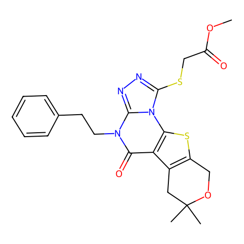 methyl {[7,7-dimethyl-5-oxo-4-(2-phenylethyl)-4,5,6,9-tetrahydro-7H-pyrano[4',3':4,5]thieno[3,2-e][1,2,4]triazolo[4,3-a]pyrimidin-1-yl]sulfanyl}acetate structure