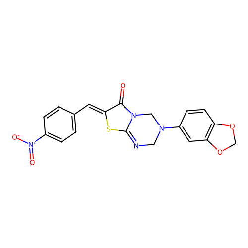 (Z)-3-(benzo[d][1,3]dioxol-5-yl)-7-(4-nitrobenzylidene)-3,4-dihydro-2H-thiazolo[3,2-a][1,3,5]triazin-6(7H)-one structure