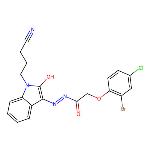 2-(2-bromo-4-chlorophenoxy)-N'-[(3Z)-1-(3-cyanopropyl)-2-oxo-1,2-dihydro-3H-indol-3-ylidene]acetohydrazide structure