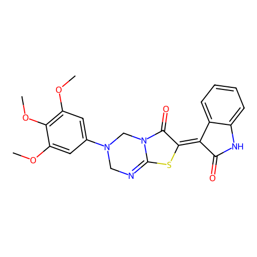 (7Z)-7-(2-oxo-1,2-dihydro-3H-indol-3-ylidene)-3-(3,4,5-trimethoxyphenyl)-3,4-dihydro-2H-[1,3]thiazolo[3,2-a][1,3,5]triazin-6(7H)-one structure