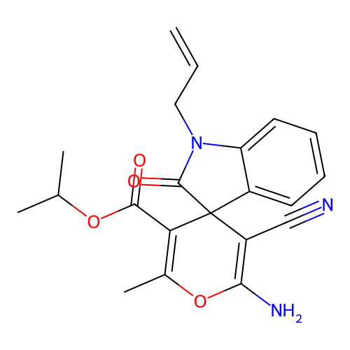 propan-2-yl 6'-amino-5'-cyano-2'-methyl-2-oxo-1-(prop-2-en-1-yl)-1,2-dihydrospiro[indole-3,4'-pyran]-3'-carboxylate structure