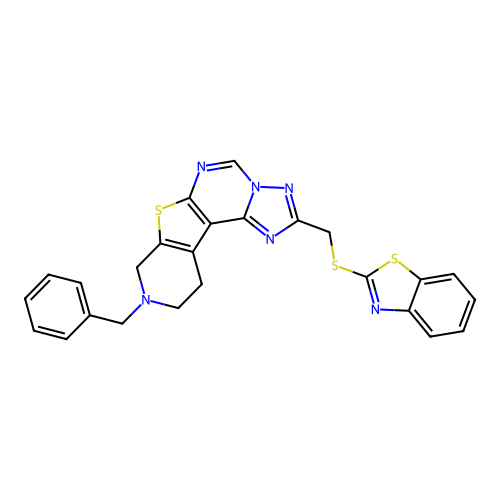 2-((benzo[d]thiazol-2-ylthio)methyl)-9-benzyl-8,9,10,11-tetrahydropyrido[4',3':4,5]thieno[3,2-e][1,2,4]triazolo[1,5-c]pyrimidine structure