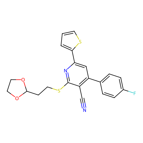 2-((2-(1,3-dioxolan-2-yl)ethyl)thio)-4-(4-fluorophenyl)-6-(thiophen-2-yl)nicotinonitrile structure