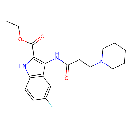 ethyl 5-fluoro-3-{[3-(piperidin-1-yl)propanoyl]amino}-1H-indole-2-carboxylate structure