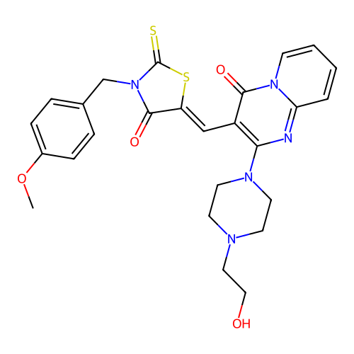 2-[4-(2-hydroxyethyl)piperazin-1-yl]-3-{(Z)-[3-(4-methoxybenzyl)-4-oxo-2-thioxo-1,3-thiazolidin-5-ylidene]methyl}-4H-pyrido[1,2-a]pyrimidin-4-one structure