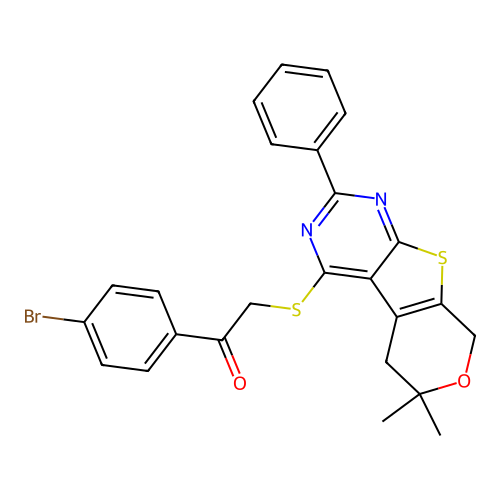 1-(4-bromophenyl)-2-((6,6-dimethyl-2-phenyl-6,8-dihydro-5H-pyrano[4',3':4,5]thieno[2,3-d]pyrimidin-4-yl)thio)ethanone structure