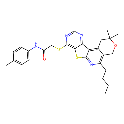 2-((5-butyl-2,2-dimethyl-2,4-dihydro-1H-pyrano[4'',3'':4',5']pyrido[3',2':4,5]thieno[3,2-d]pyrimidin-8-yl)thio)-N-(p-tolyl)acetamide structure