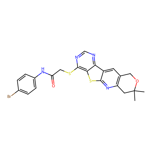 N-(4-bromophenyl)-2-((8,8-dimethyl-8,10-dihydro-7H-pyrano[3'',4'':5',6']pyrido[3',2':4,5]thieno[3,2-d]pyrimidin-4-yl)thio)acetamide structure