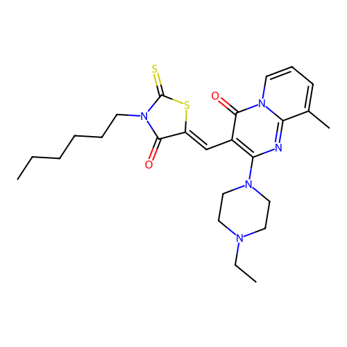 2-(4-ethylpiperazin-1-yl)-3-[(Z)-(3-hexyl-4-oxo-2-thioxo-1,3-thiazolidin-5-ylidene)methyl]-9-methyl-4H-pyrido[1,2-a]pyrimidin-4-one structure