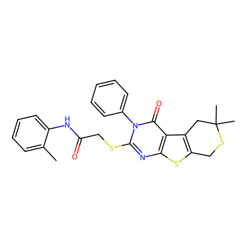 2-((6,6-dimethyl-4-oxo-3-phenyl-4,5,6,8-tetrahydro-3H-thiopyrano[4',3':4,5]thieno[2,3-d]pyrimidin-2-yl)thio)-N-(o-tolyl)acetamide structure