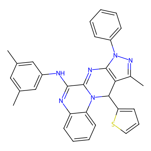 N-(3,5-dimethylphenyl)-10-methyl-8-phenyl-11-(thiophen-2-yl)-8,11-dihydropyrazolo[3',4':4,5]pyrimido[1,2-a]quinoxalin-6-amine structure