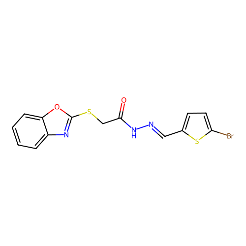 (E)-2-(benzo[d]oxazol-2-ylthio)-N'-((5-bromothiophen-2-yl)methylene)acetohydrazide structure