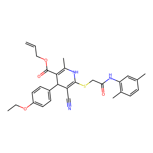 allyl 5-cyano-6-((2-((2,5-dimethylphenyl)amino)-2-oxoethyl)thio)-4-(4-ethoxyphenyl)-2-methyl-1,4-dihydropyridine-3-carboxylate structure