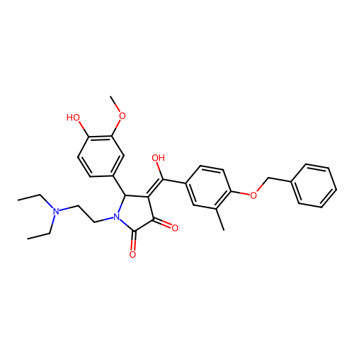 (4E)-1-(2-diethylaminoethyl)-5-(4-hydroxy-3-methoxyphenyl)-4-[hydroxy-(3-methyl-4-phenylmethoxyphenyl)methylidene]pyrrolidine-2,3-dione structure
