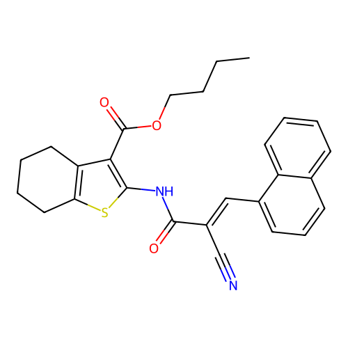 (E)-butyl 2-(2-cyano-3-(naphthalen-1-yl)acrylamido)-4,5,6,7-tetrahydrobenzo[b]thiophene-3-carboxylate structure