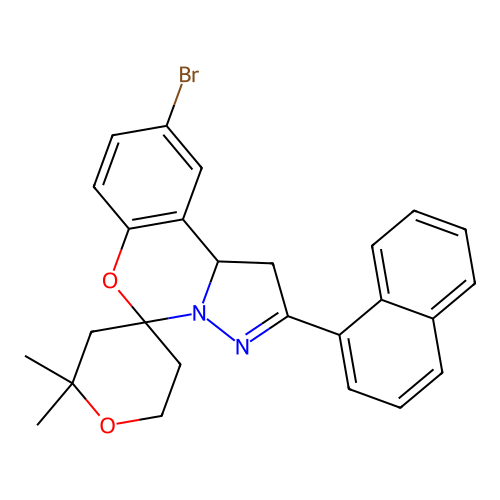 9'-bromo-2,2-dimethyl-2'-(naphthalen-1-yl)-1',2,3,5,6,10b'-hexahydrospiro[pyran-4,5'-pyrazolo[1,5-c][1,3]benzoxazine] structure