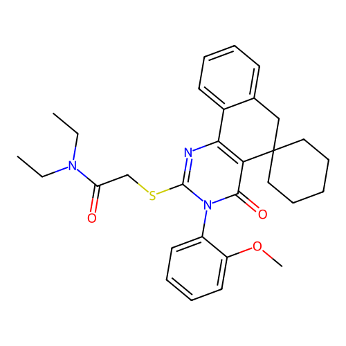 N,N-diethyl-2-((3-(2-methoxyphenyl)-4-oxo-4,6-dihydro-3H-spiro[benzo[h]quinazoline-5,1'-cyclohexan]-2-yl)thio)acetamide structure
