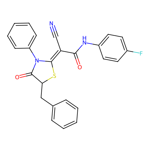 (Z)-2-(5-benzyl-4-oxo-3-phenylthiazolidin-2-ylidene)-2-cyano-N-(4-fluorophenyl)acetamide structure