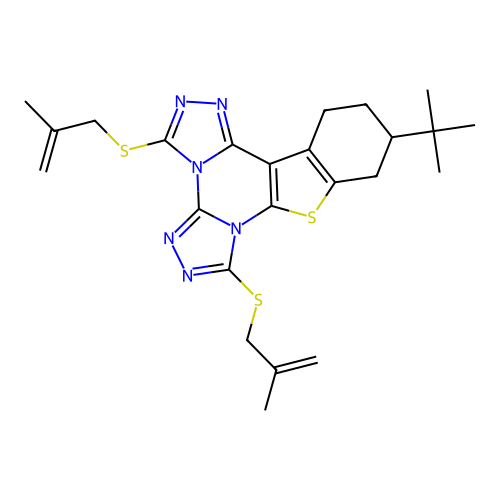 11-(tert-butyl)-3,7-bis((2-methylallyl)thio)-10,11,12,13-tetrahydrobenzo[4,5]thieno[3,2-e]bis([1,2,4]triazolo)[4,3-a:4',3'-c]pyrimidine structure