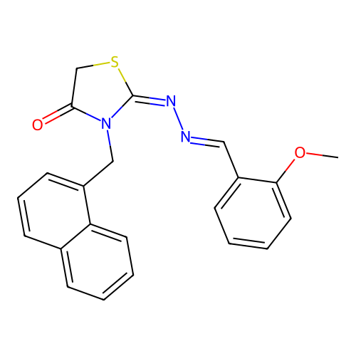 (E)-2-((E)-(2-methoxybenzylidene)hydrazono)-3-(naphthalen-1-ylmethyl)thiazolidin-4-one structure