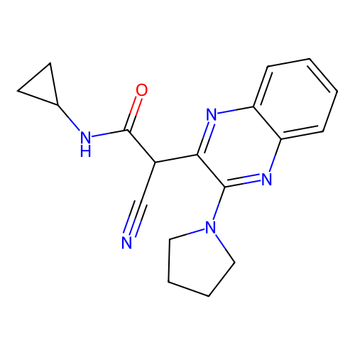 2-cyano-N-cyclopropyl-2-(3-(pyrrolidin-1-yl)quinoxalin-2-yl)acetamide structure