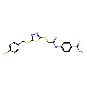 4-{[({5-[(4-chlorobenzyl)sulfanyl]-1,3,4-thiadiazol-2-yl}sulfanyl)acetyl]amino}benzamide structure