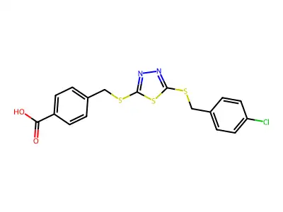 4-[({5-[(4-chlorobenzyl)sulfanyl]-1,3,4-thiadiazol-2-yl}sulfanyl)methyl]benzoic acid structure