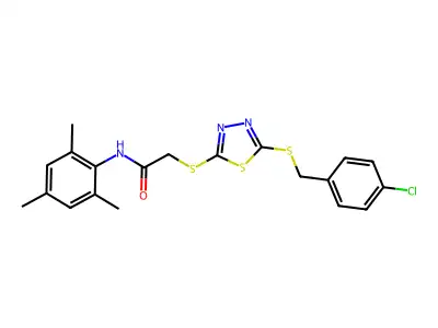 2-({5-[(4-chlorobenzyl)sulfanyl]-1,3,4-thiadiazol-2-yl}sulfanyl)-N-(2,4,6-trimethylphenyl)acetamide structure