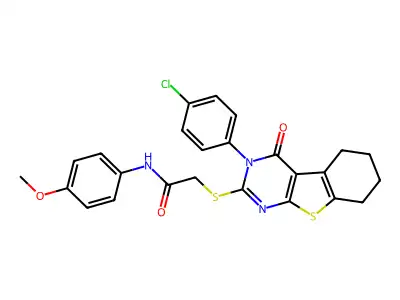 2-{[3-(4-chlorophenyl)-4-oxo-3,4,5,6,7,8-hexahydro[1]benzothieno[2,3-d]pyrimidin-2-yl]sulfanyl}-N-(4-methoxyphenyl)acetamide structure