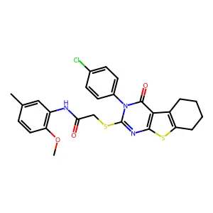 2-{[3-(4-chlorophenyl)-4-oxo-3,4,5,6,7,8-hexahydro[1]benzothieno[2,3-d]pyrimidin-2-yl]sulfanyl}-N-(2-methoxy-5-methylphenyl)acetamide structure