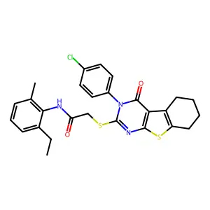 2-{[3-(4-chlorophenyl)-4-oxo-3,4,5,6,7,8-hexahydro[1]benzothieno[2,3-d]pyrimidin-2-yl]sulfanyl}-N-(2-ethyl-6-methylphenyl)acetamide structure