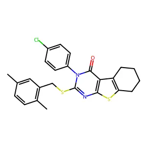 3-(4-chlorophenyl)-2-[(2,5-dimethylbenzyl)sulfanyl]-5,6,7,8-tetrahydro[1]benzothieno[2,3-d]pyrimidin-4(3H)-one structure