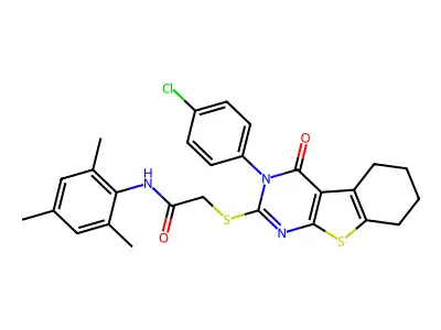 2-{[3-(4-chlorophenyl)-4-oxo-3,4,5,6,7,8-hexahydro[1]benzothieno[2,3-d]pyrimidin-2-yl]sulfanyl}-N-(2,4,6-trimethylphenyl)acetamide structure
