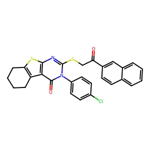 3-(4-chlorophenyl)-2-{[2-(naphthalen-2-yl)-2-oxoethyl]sulfanyl}-5,6,7,8-tetrahydro[1]benzothieno[2,3-d]pyrimidin-4(3H)-one structure