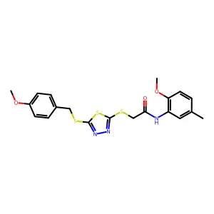2-({5-[(4-methoxybenzyl)sulfanyl]-1,3,4-thiadiazol-2-yl}sulfanyl)-N-(2-methoxy-5-methylphenyl)acetamide structure