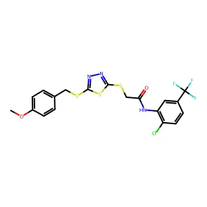 N-[2-chloro-5-(trifluoromethyl)phenyl]-2-({5-[(4-methoxybenzyl)sulfanyl]-1,3,4-thiadiazol-2-yl}sulfanyl)acetamide structure