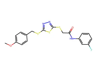 N-(3-fluorophenyl)-2-({5-[(4-methoxybenzyl)sulfanyl]-1,3,4-thiadiazol-2-yl}sulfanyl)acetamide structure