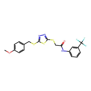 2-({5-[(4-methoxybenzyl)sulfanyl]-1,3,4-thiadiazol-2-yl}sulfanyl)-N-[3-(trifluoromethyl)phenyl]acetamide structure